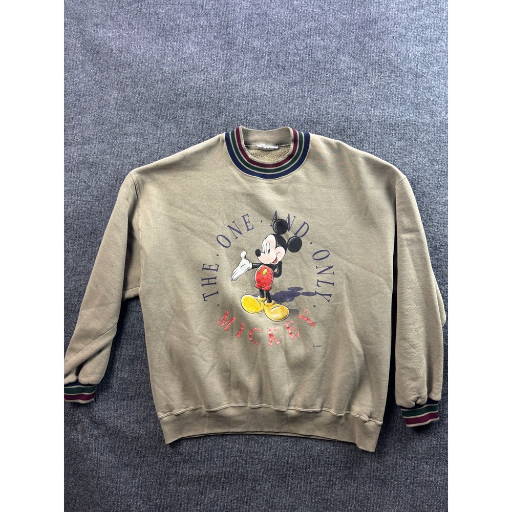 Vintage Disney Mickey Mouse Sweatshirt Mens XL Tan Striped Trim Crewneck